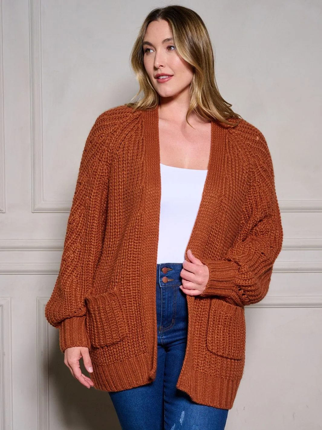 PLUS SIZE LONG SLEEVE POCKETS OPEN FRONT KNIT CARDIGAN