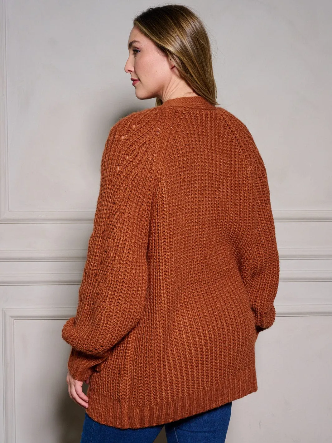 PLUS SIZE LONG SLEEVE POCKETS OPEN FRONT KNIT CARDIGAN