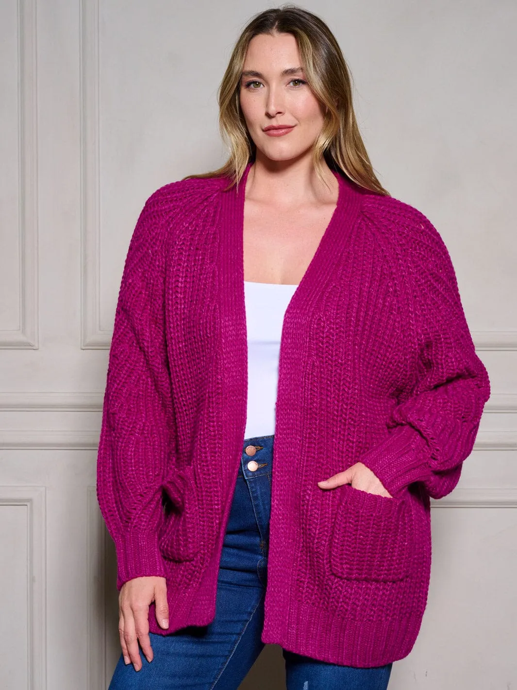PLUS SIZE LONG SLEEVE POCKETS OPEN FRONT KNIT CARDIGAN