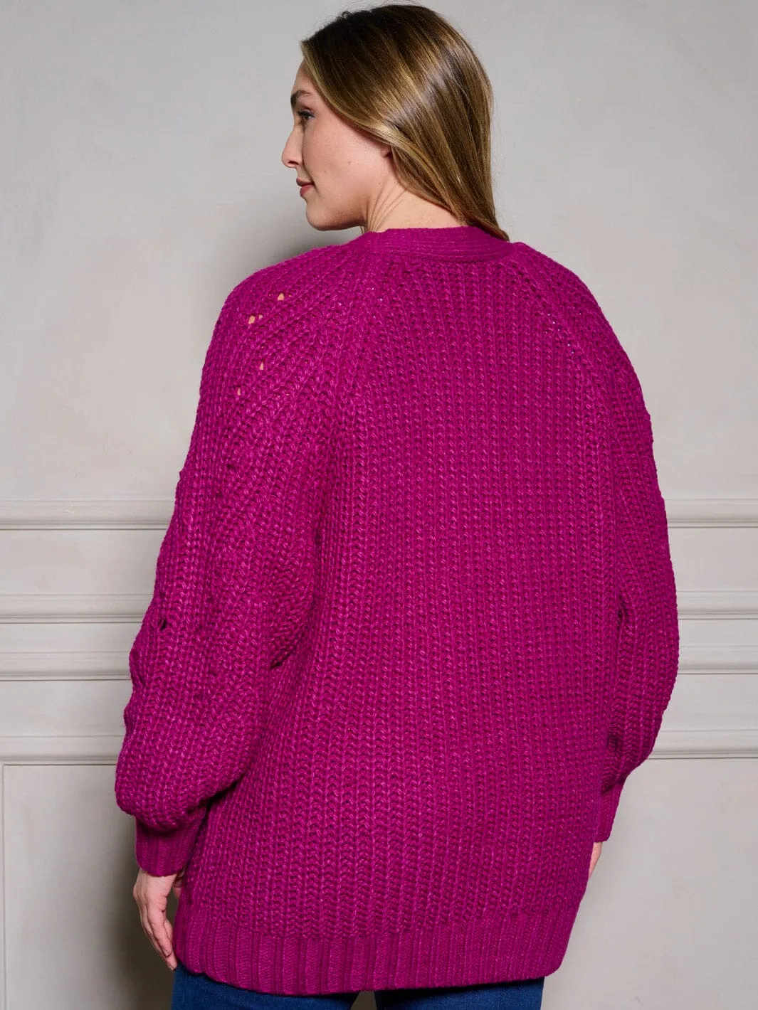 PLUS SIZE LONG SLEEVE POCKETS OPEN FRONT KNIT CARDIGAN
