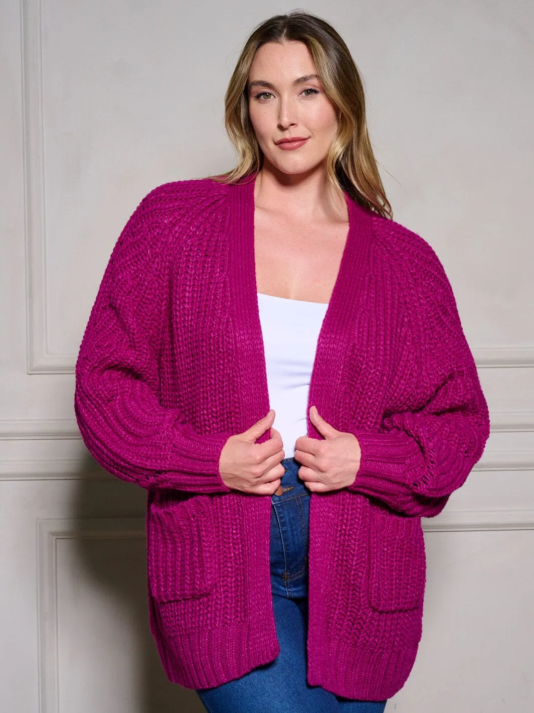 PLUS SIZE LONG SLEEVE POCKETS OPEN FRONT KNIT CARDIGAN