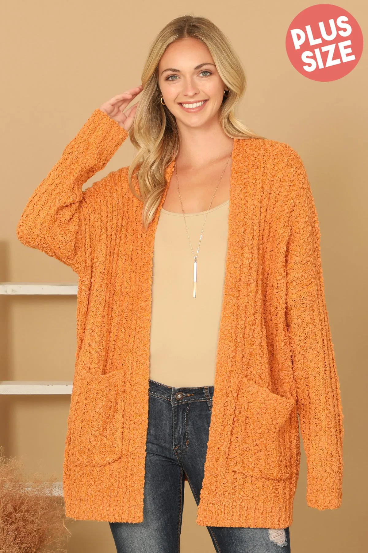 PLUS SIZE POPCORN FRONT POCKET OPEN CARDIGAN