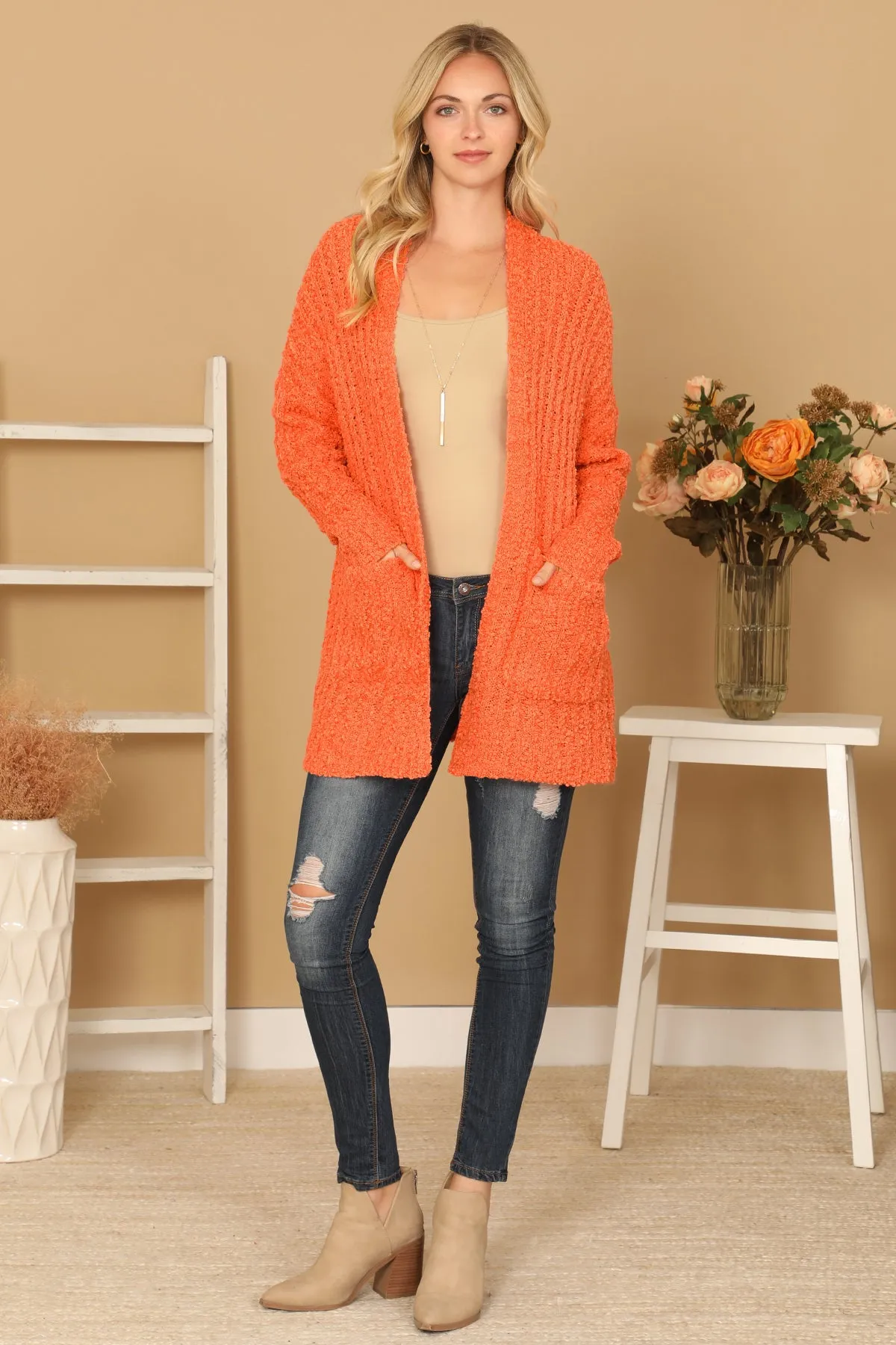 PLUS SIZE POPCORN FRONT POCKET OPEN CARDIGAN