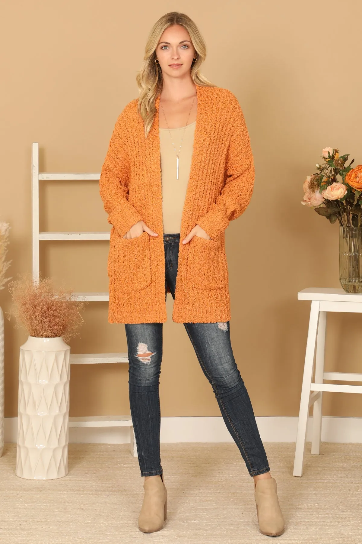 PLUS SIZE POPCORN FRONT POCKET OPEN CARDIGAN