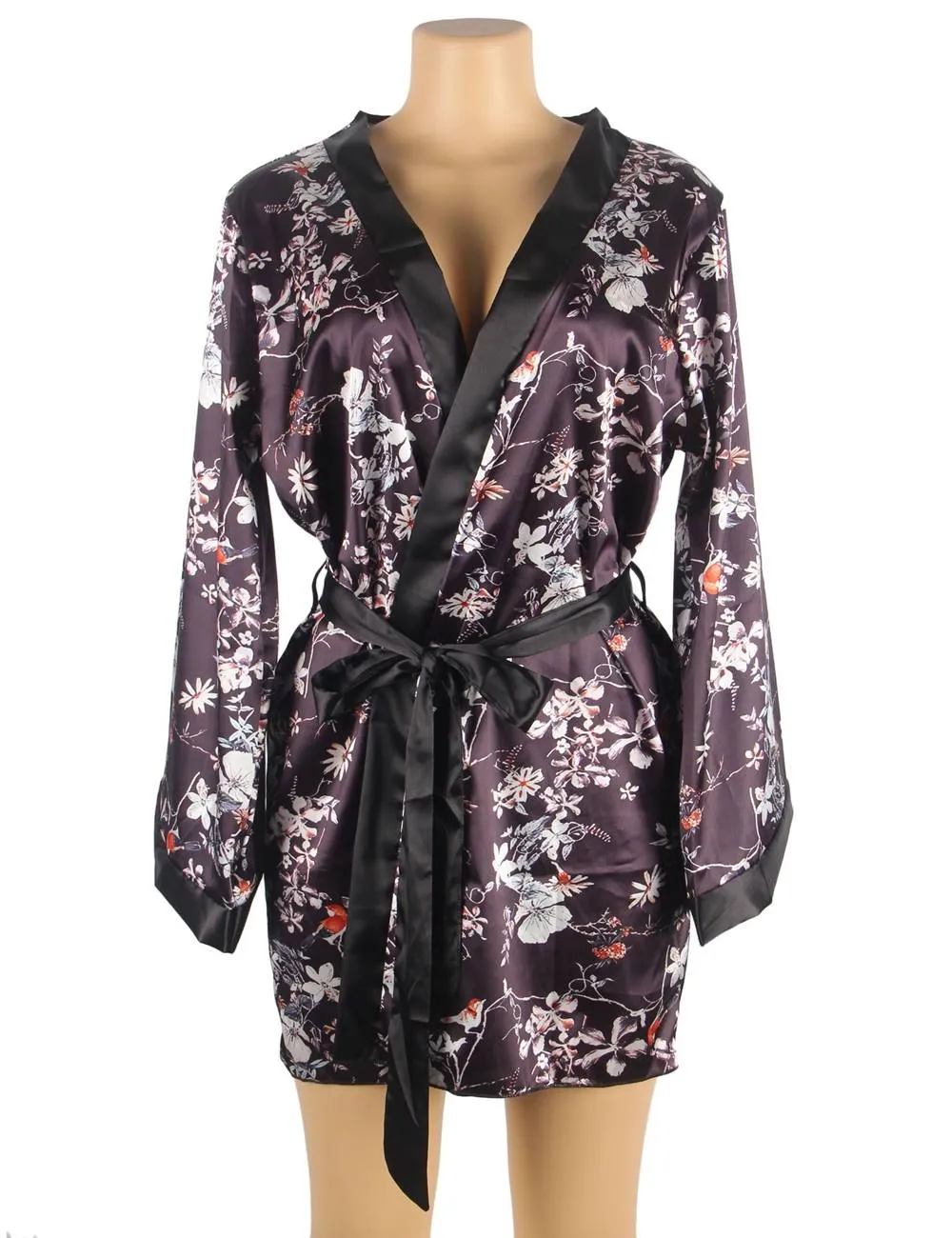 Printing Silk Long Sleeves Sleepwear with Thong