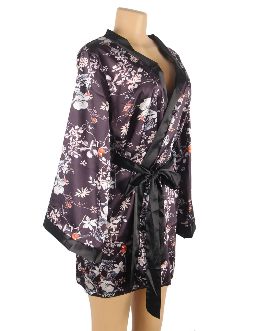 Printing Silk Long Sleeves Sleepwear with Thong