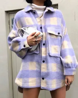 Purple Grid Single-breasted Irregular Hem Coat