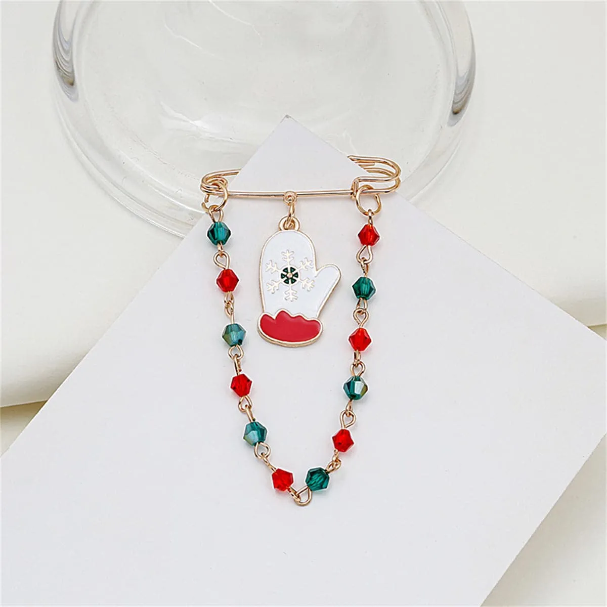 Red & Green Beaded-Chain Glove Pin Brooch