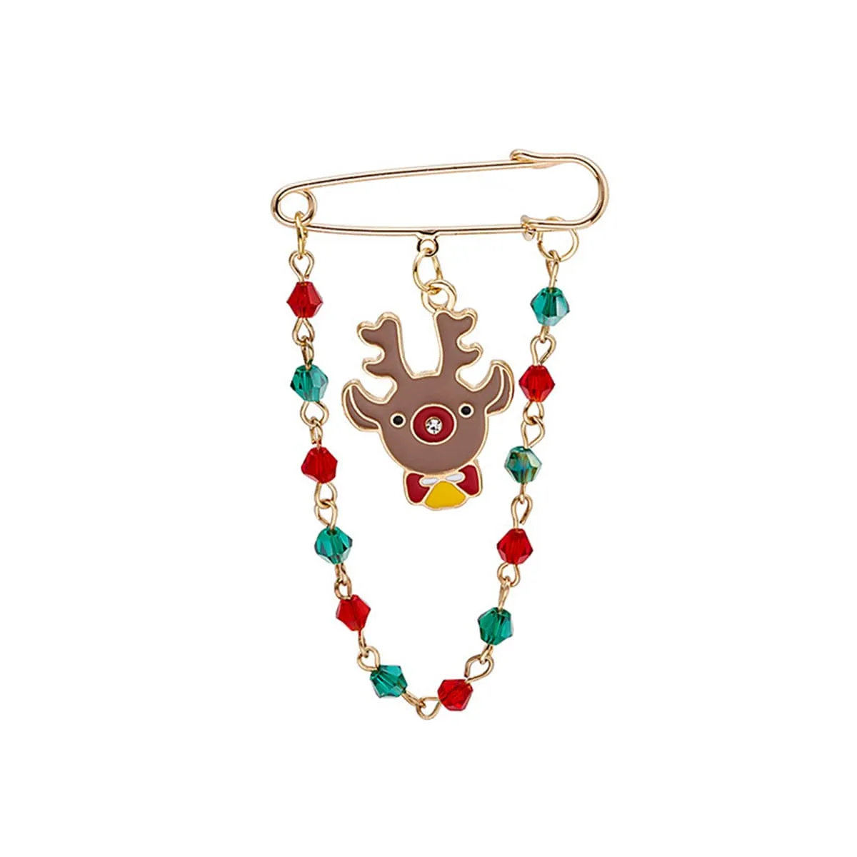 Red & Green Beaded-Chain Reindeer Pin Brooch