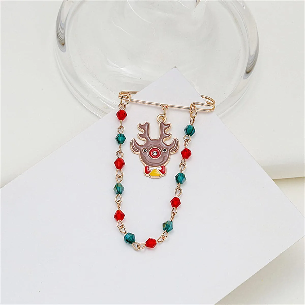 Red & Green Beaded-Chain Reindeer Pin Brooch