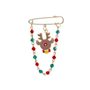 Red & Green Beaded-Chain Reindeer Pin Brooch