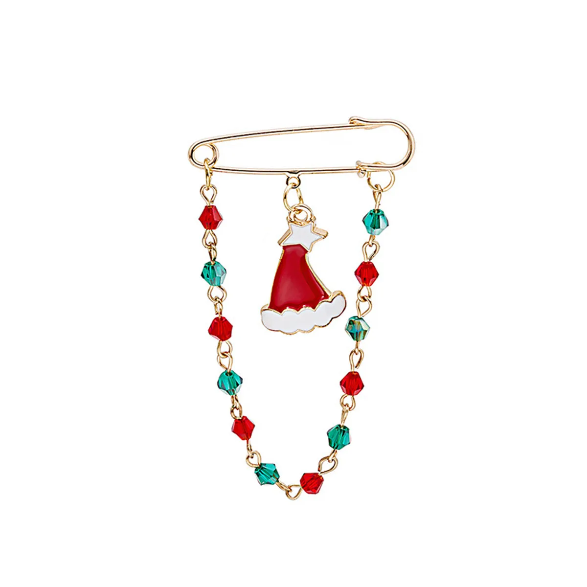 Red Enamel & Acrylic 18K Gold-Plated Santa Hat Chain Pin Brooch
