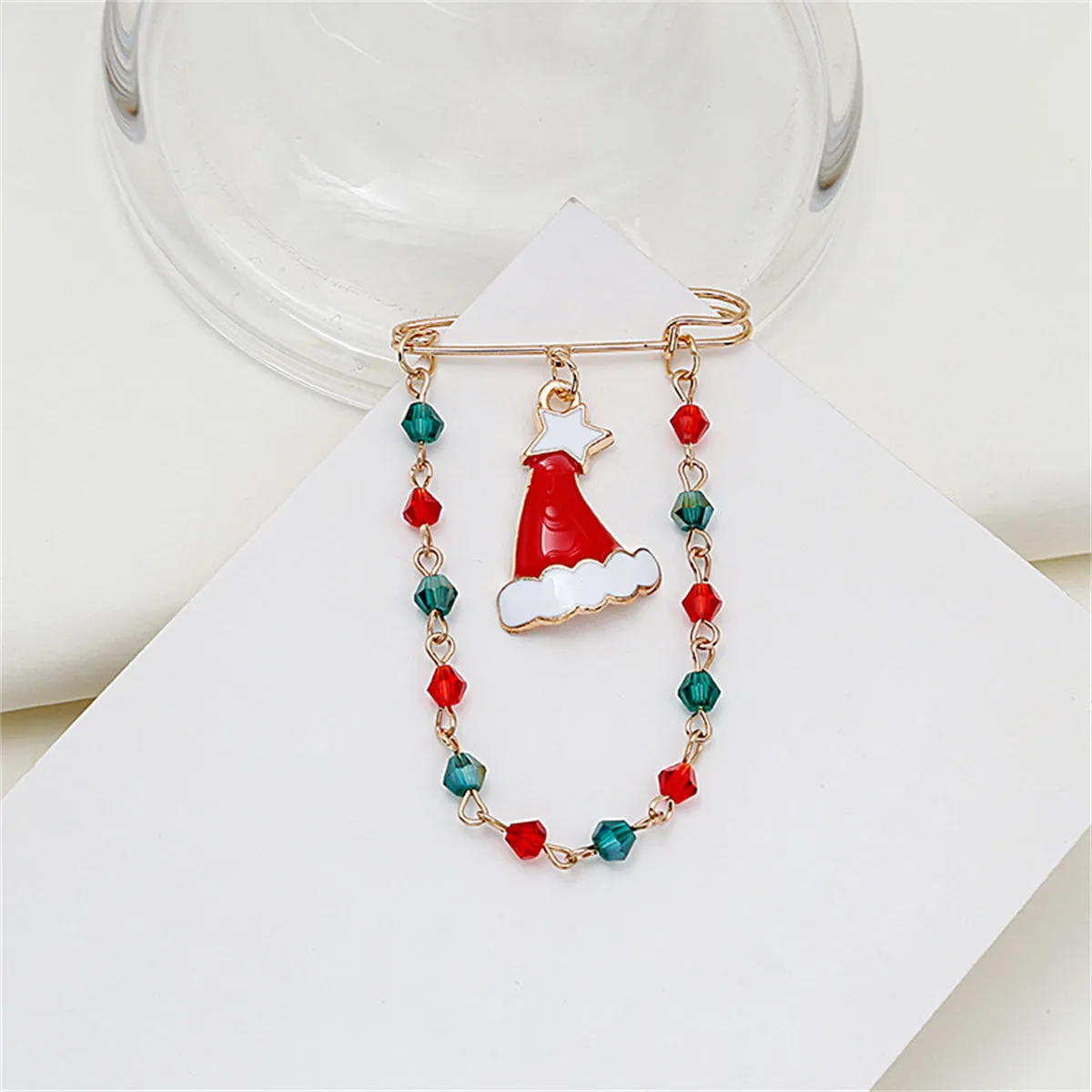 Red Enamel & Acrylic 18K Gold-Plated Santa Hat Chain Pin Brooch