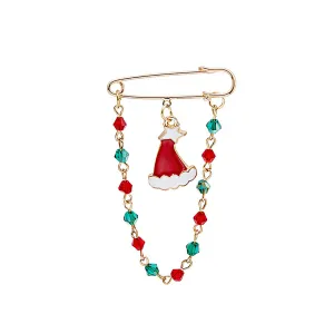 Red Enamel & Acrylic 18K Gold-Plated Santa Hat Chain Pin Brooch