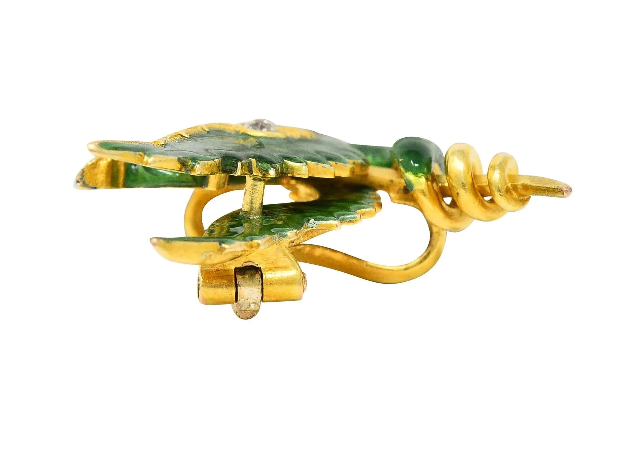 Riker Bros Art Nouveau Diamond Pearl Green Enamel 14K Yellow Gold Dragon Sword Antique Brooch