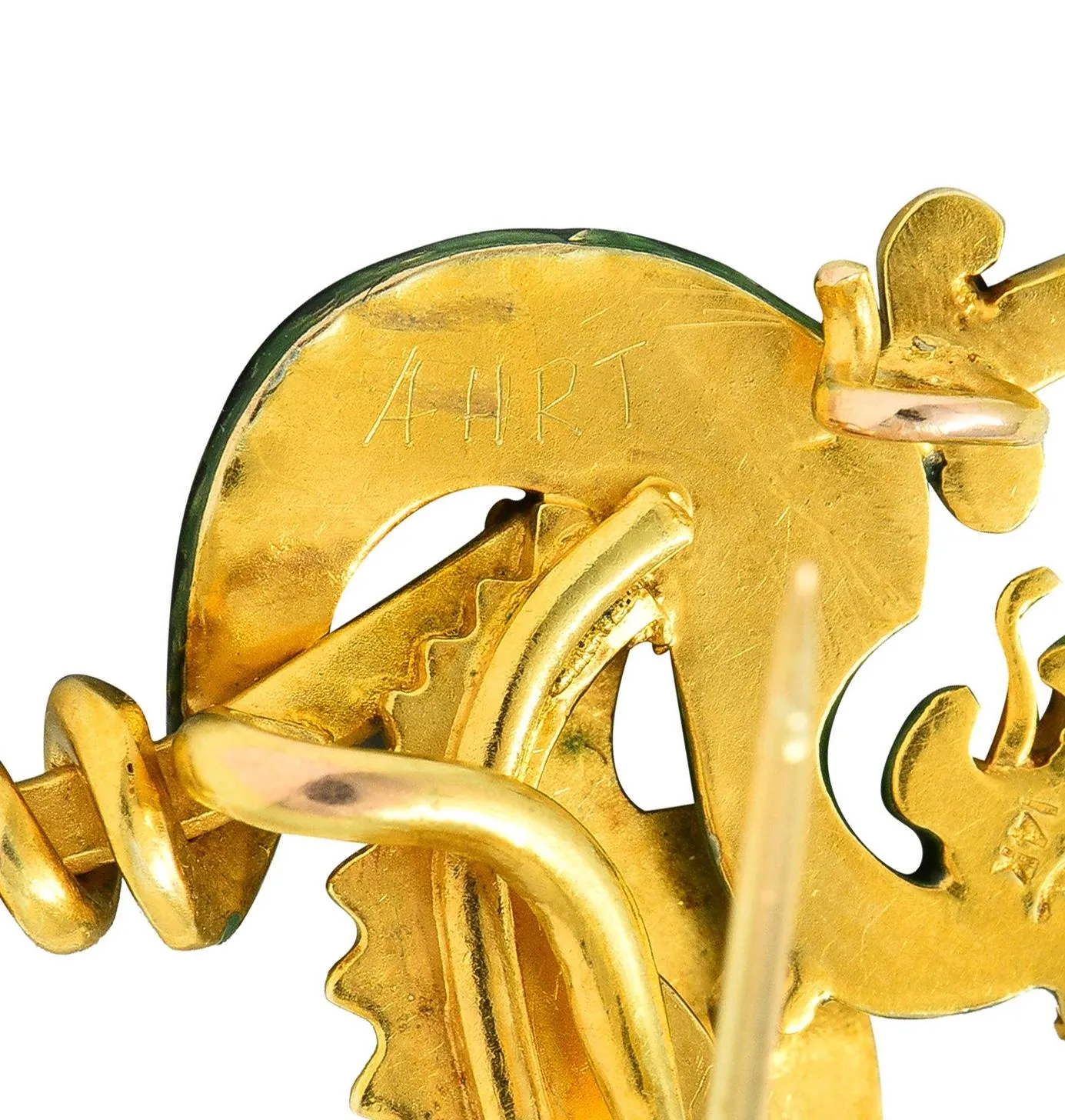 Riker Bros Art Nouveau Diamond Pearl Green Enamel 14K Yellow Gold Dragon Sword Antique Brooch