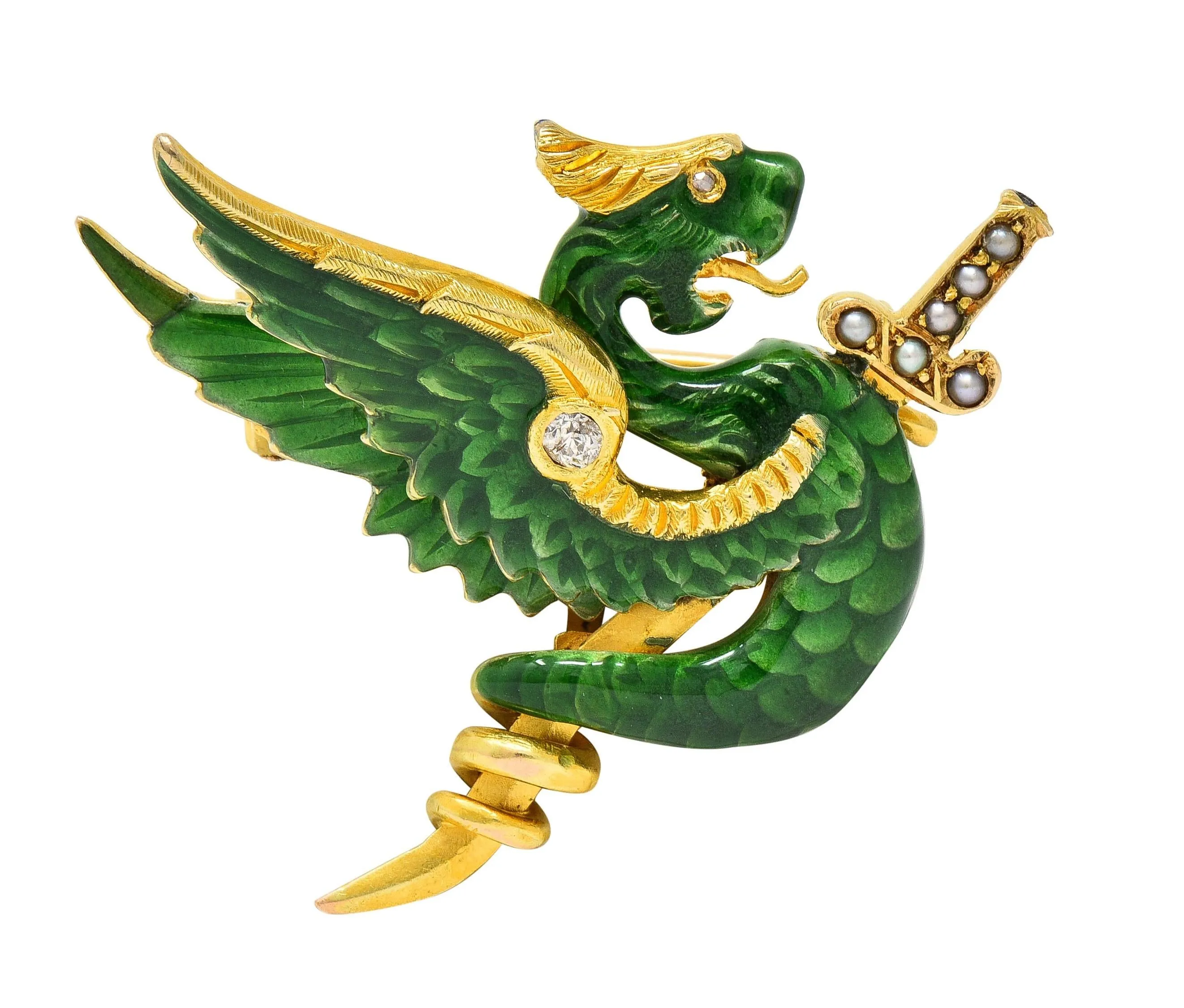 Riker Bros Art Nouveau Diamond Pearl Green Enamel 14K Yellow Gold Dragon Sword Antique Brooch