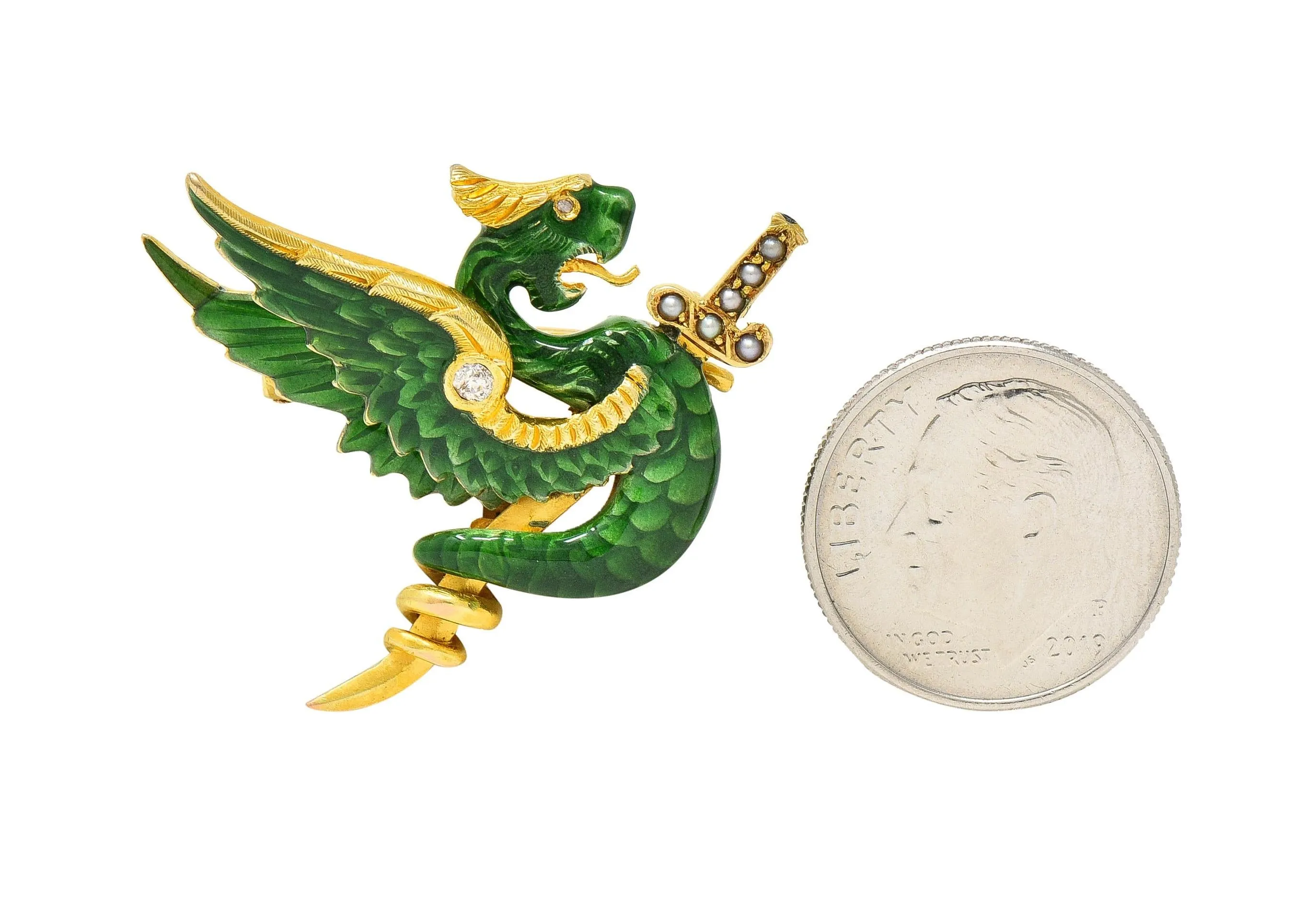 Riker Bros Art Nouveau Diamond Pearl Green Enamel 14K Yellow Gold Dragon Sword Antique Brooch