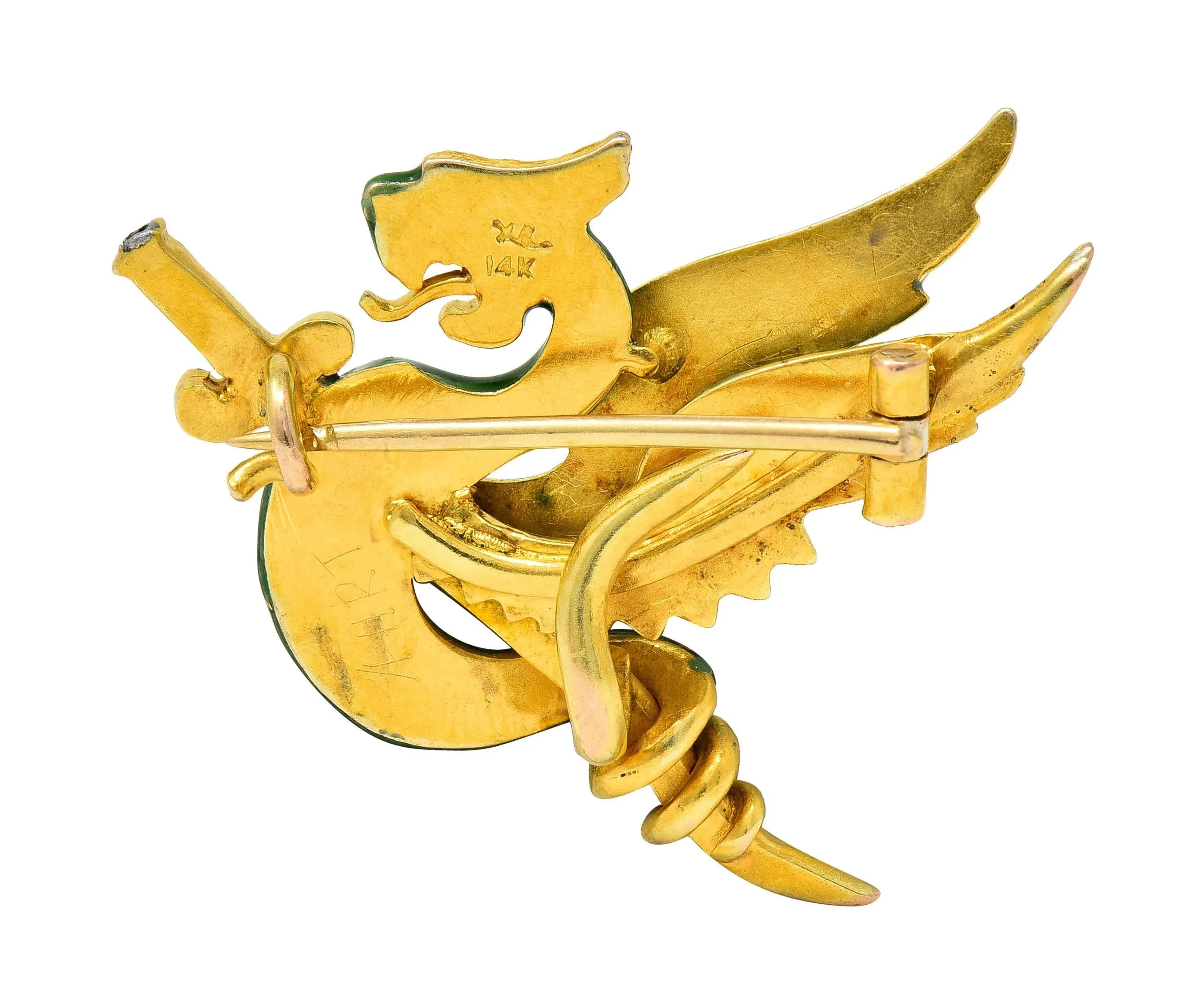 Riker Bros Art Nouveau Diamond Pearl Green Enamel 14K Yellow Gold Dragon Sword Antique Brooch