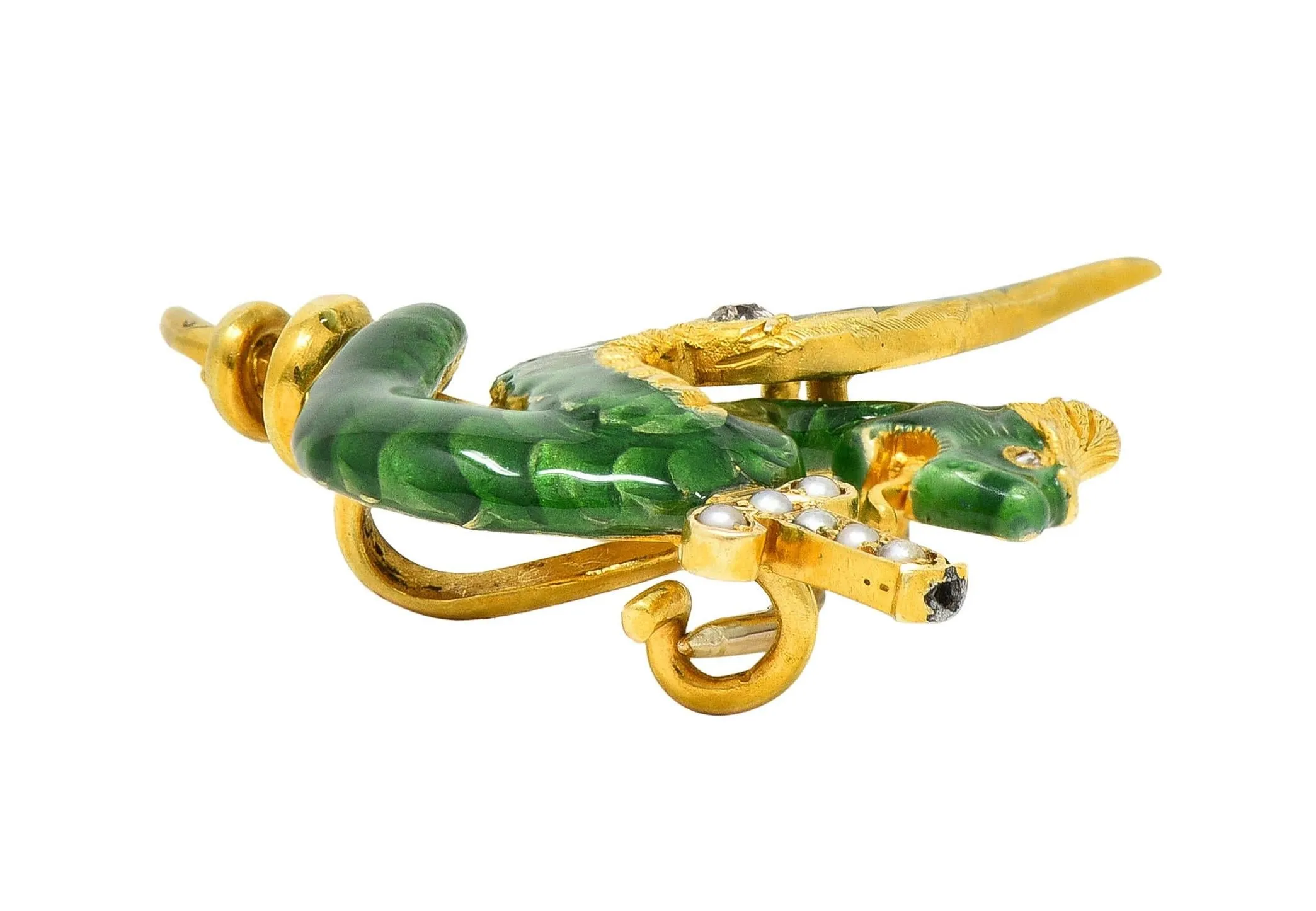 Riker Bros Art Nouveau Diamond Pearl Green Enamel 14K Yellow Gold Dragon Sword Antique Brooch