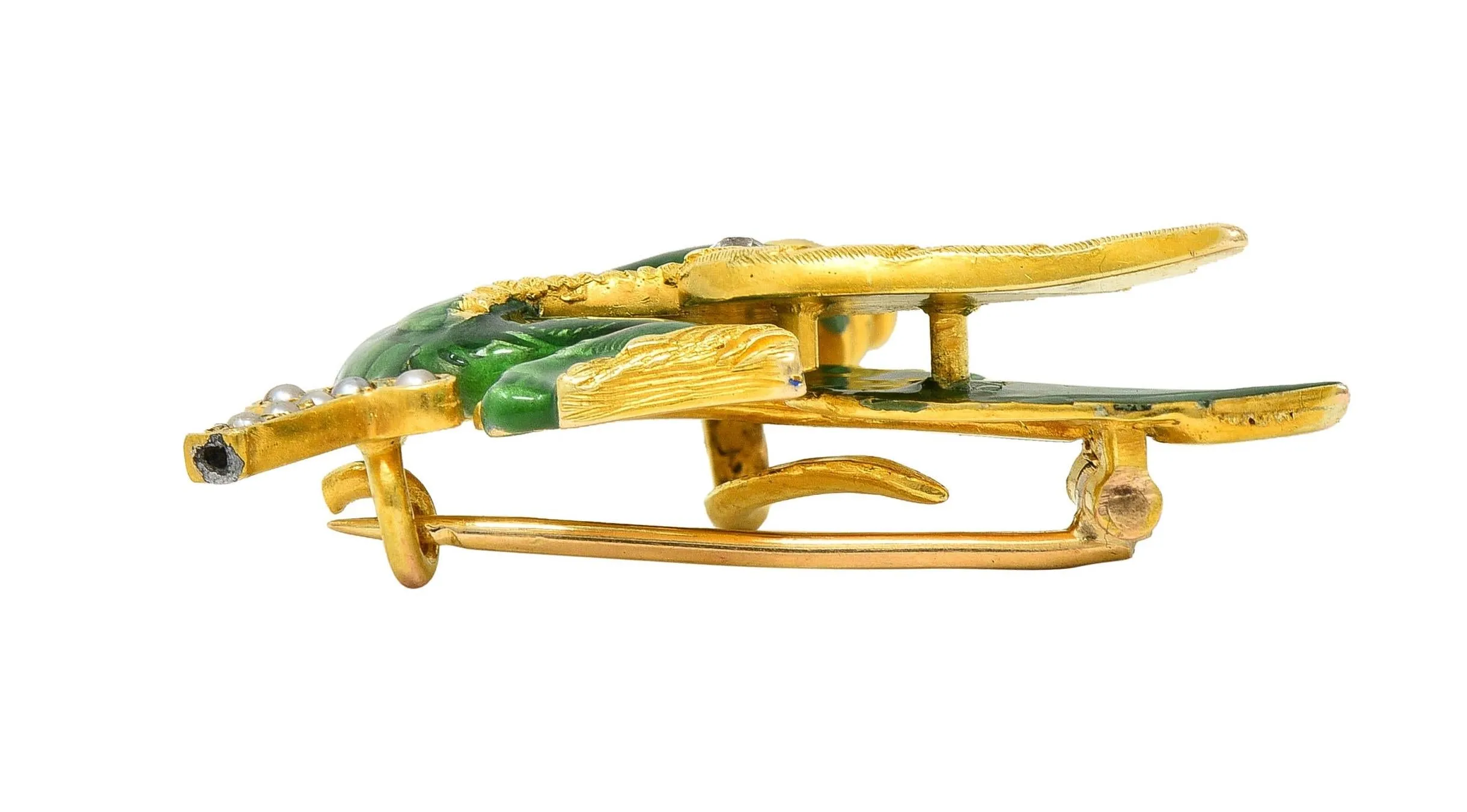 Riker Bros Art Nouveau Diamond Pearl Green Enamel 14K Yellow Gold Dragon Sword Antique Brooch