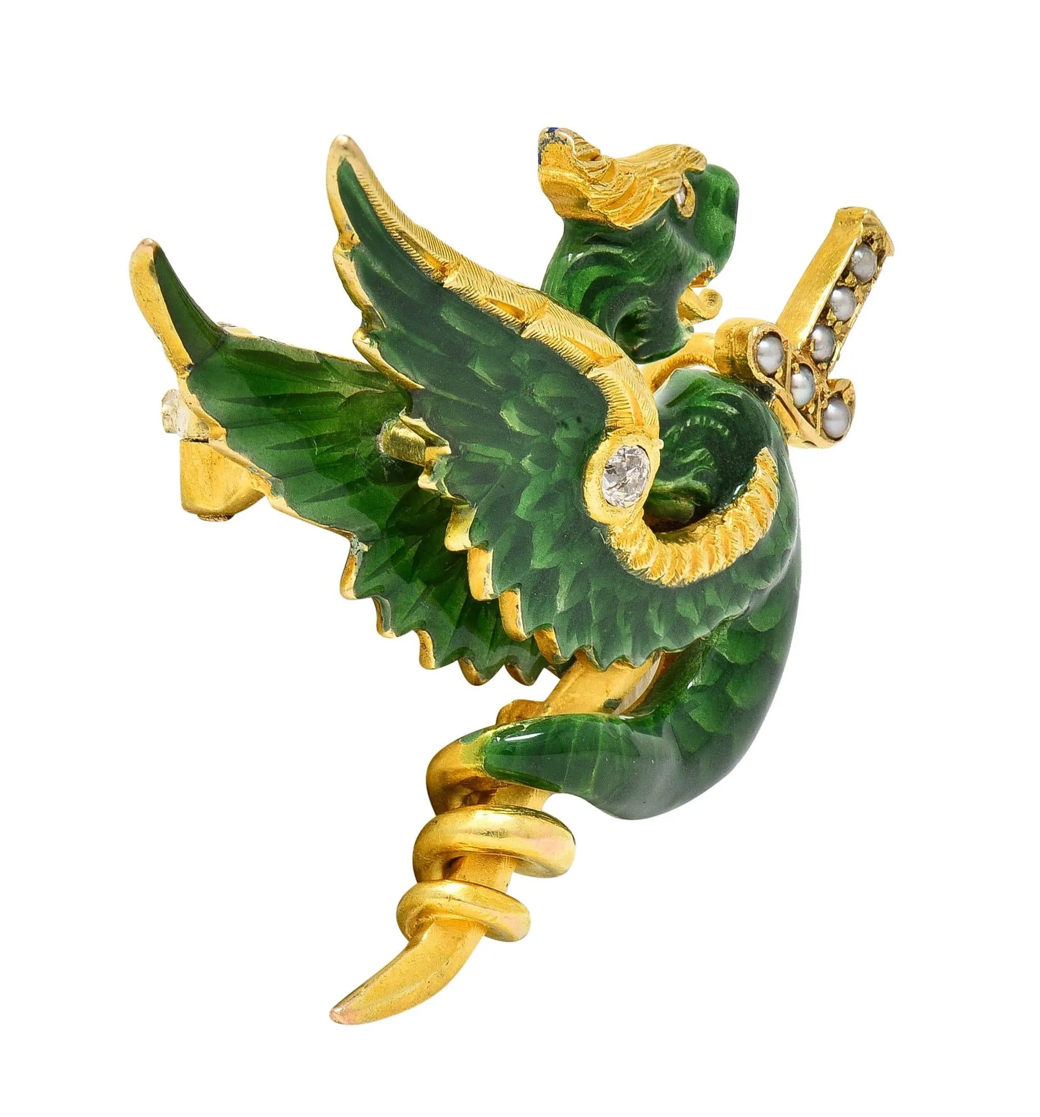 Riker Bros Art Nouveau Diamond Pearl Green Enamel 14K Yellow Gold Dragon Sword Antique Brooch