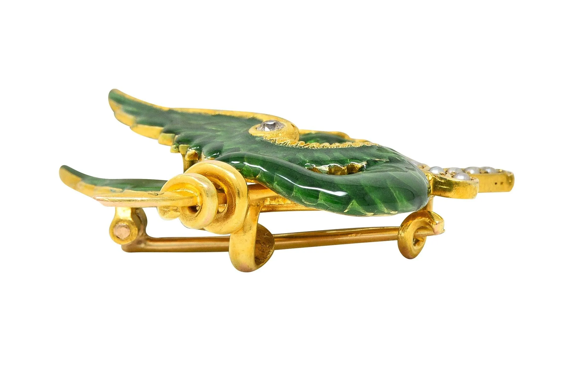 Riker Bros Art Nouveau Diamond Pearl Green Enamel 14K Yellow Gold Dragon Sword Antique Brooch