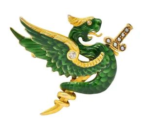 Riker Bros Art Nouveau Diamond Pearl Green Enamel 14K Yellow Gold Dragon Sword Antique Brooch