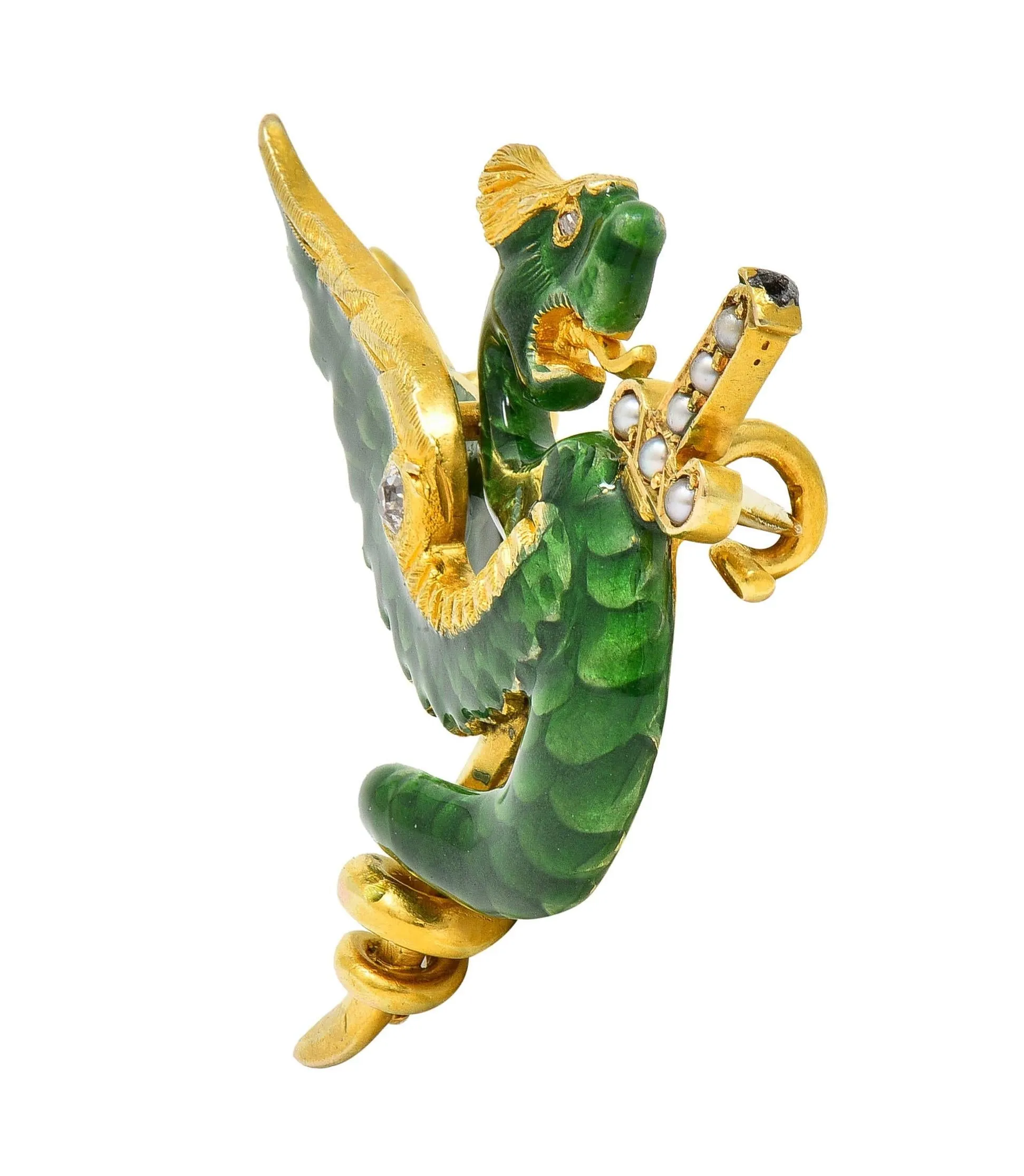 Riker Bros Art Nouveau Diamond Pearl Green Enamel 14K Yellow Gold Dragon Sword Antique Brooch