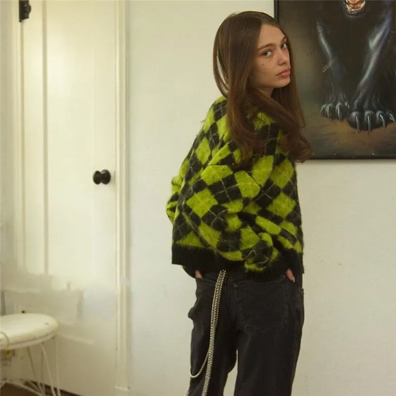 Single-breasted Checkerboard Knitting Short Cardigans