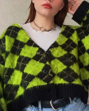 Single-breasted Checkerboard Knitting Short Cardigans