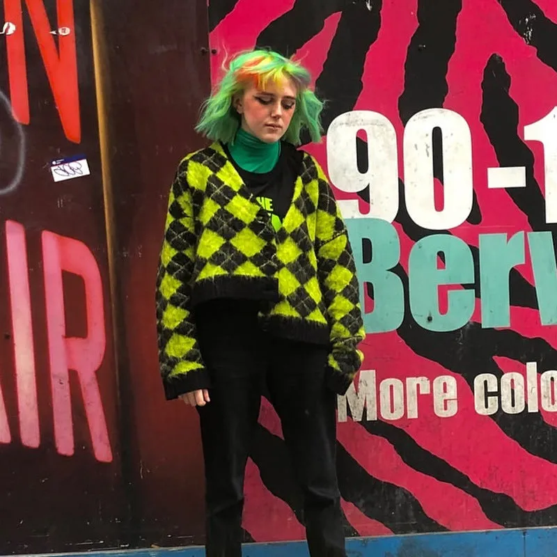 Single-breasted Checkerboard Knitting Short Cardigans
