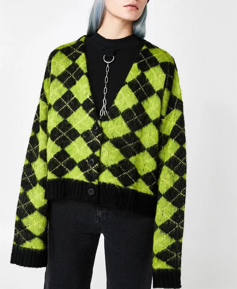 Single-breasted Checkerboard Knitting Short Cardigans