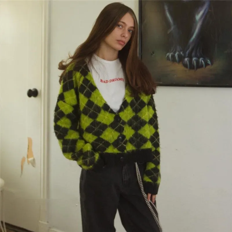 Single-breasted Checkerboard Knitting Short Cardigans