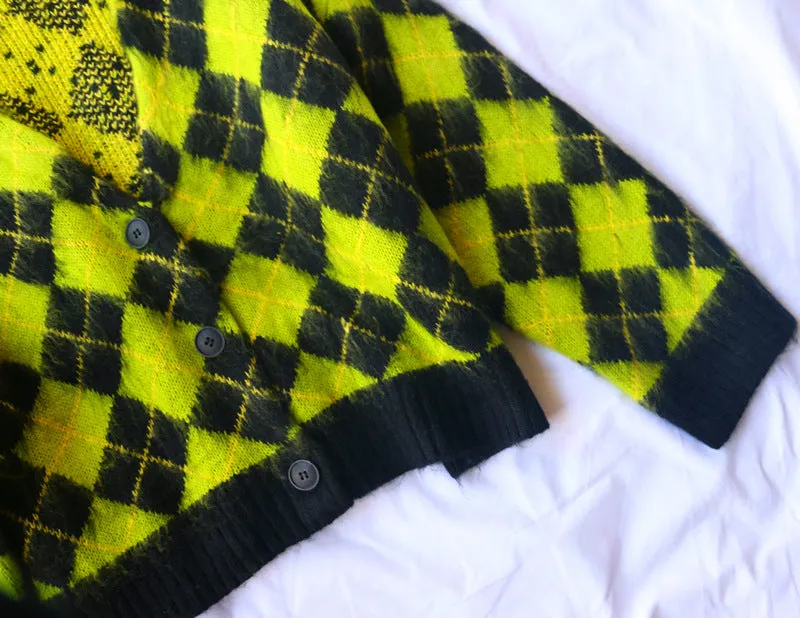 Single-breasted Checkerboard Knitting Short Cardigans