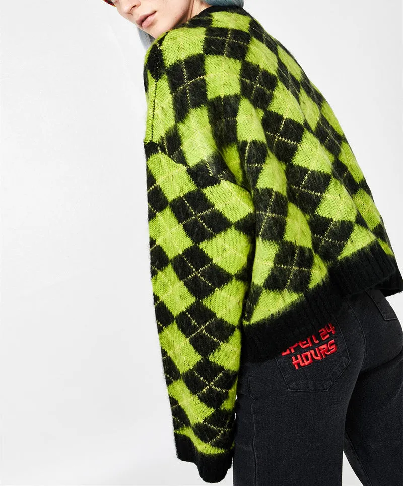 Single-breasted Checkerboard Knitting Short Cardigans