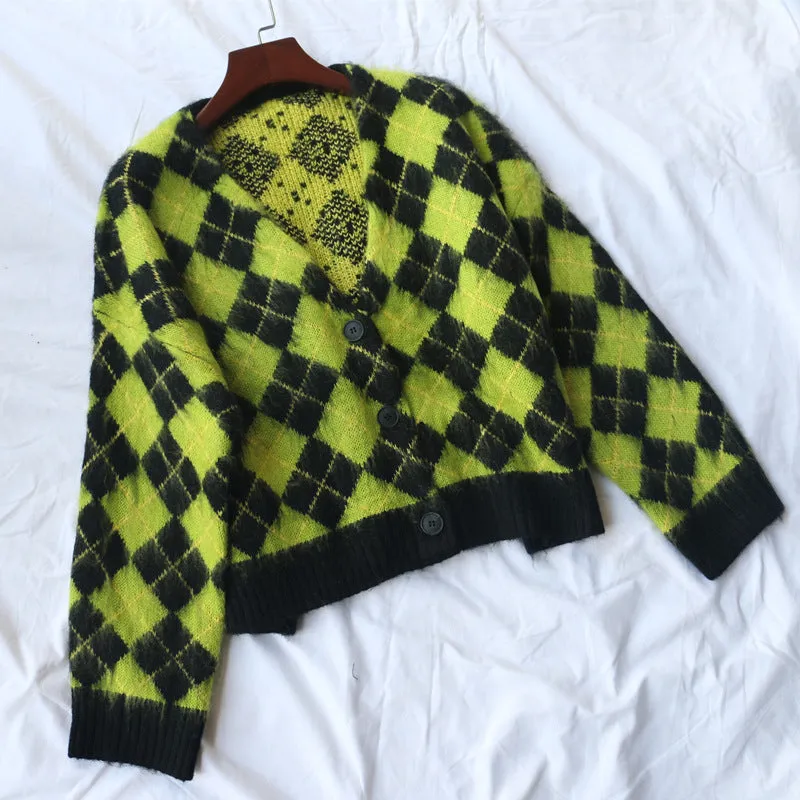 Single-breasted Checkerboard Knitting Short Cardigans