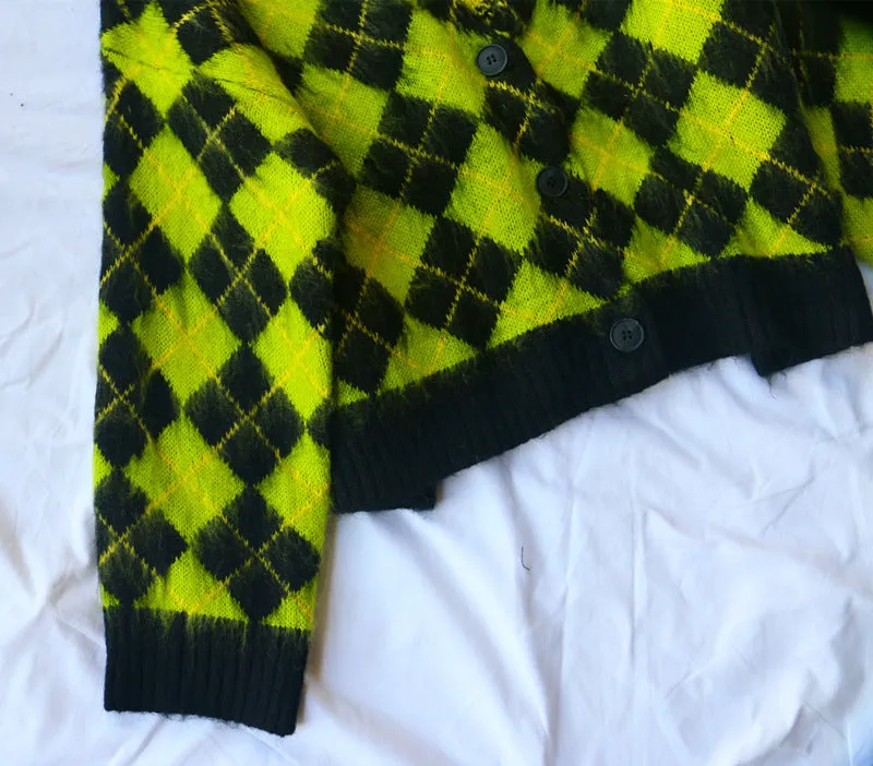 Single-breasted Checkerboard Knitting Short Cardigans