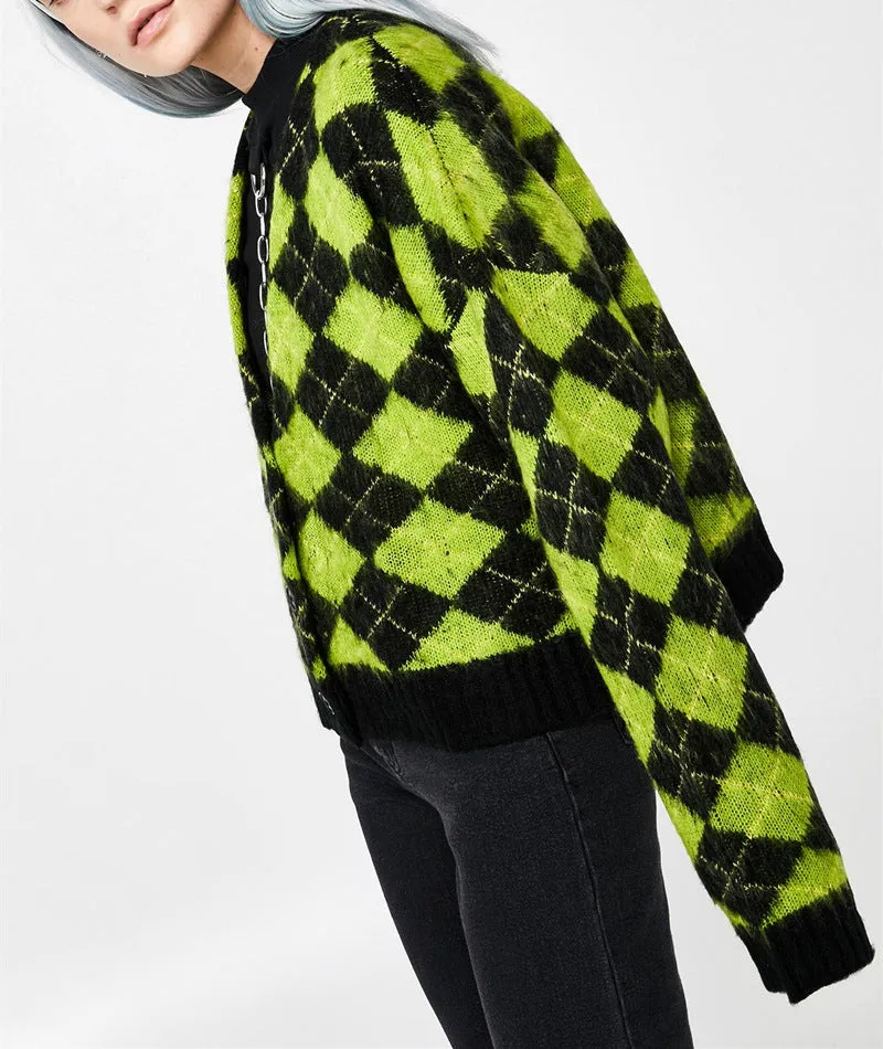 Single-breasted Checkerboard Knitting Short Cardigans