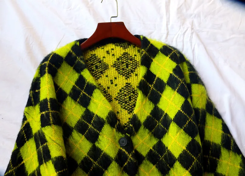 Single-breasted Checkerboard Knitting Short Cardigans
