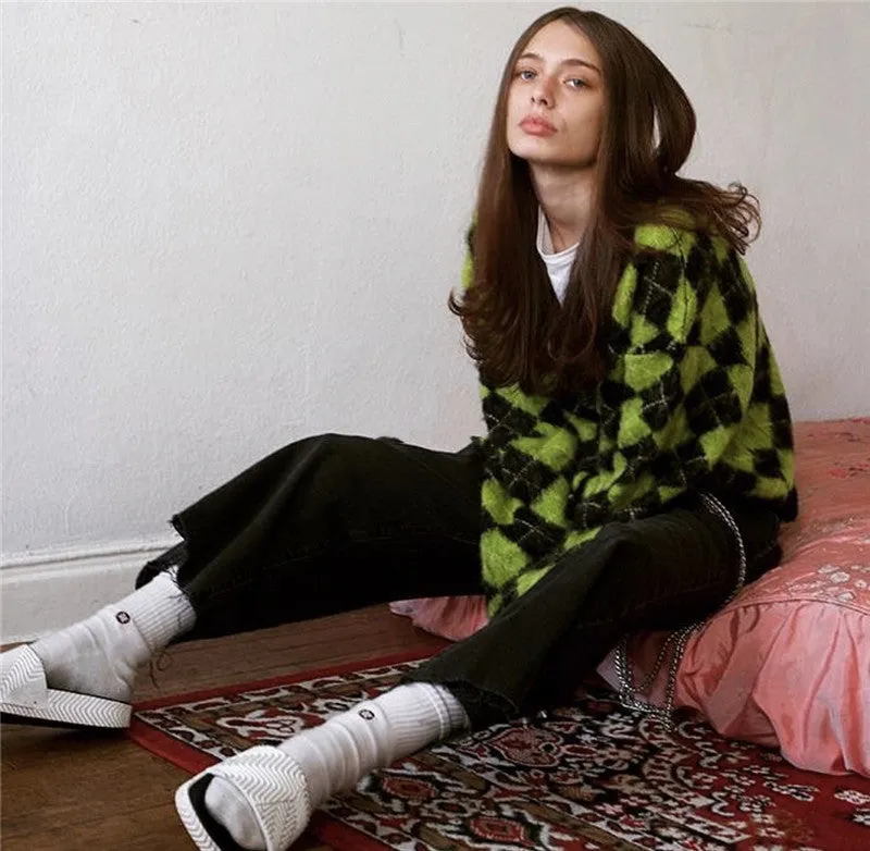 Single-breasted Checkerboard Knitting Short Cardigans