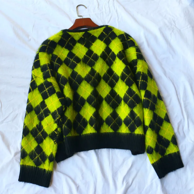 Single-breasted Checkerboard Knitting Short Cardigans
