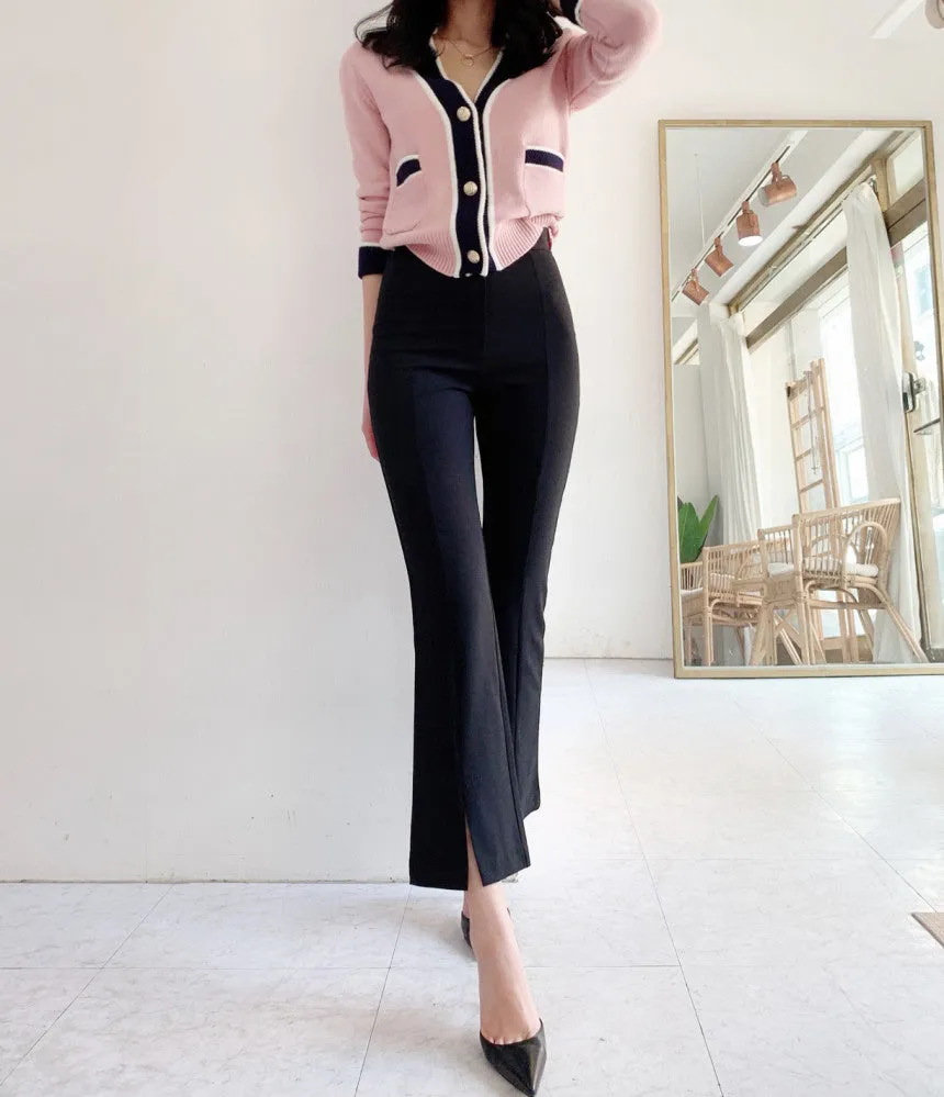 Single-breasted Contrast Knit Splicing Golden Button Sweaters