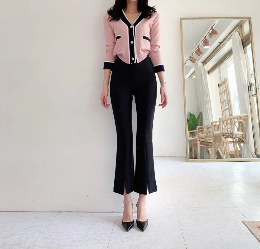 Single-breasted Contrast Knit Splicing Golden Button Sweaters