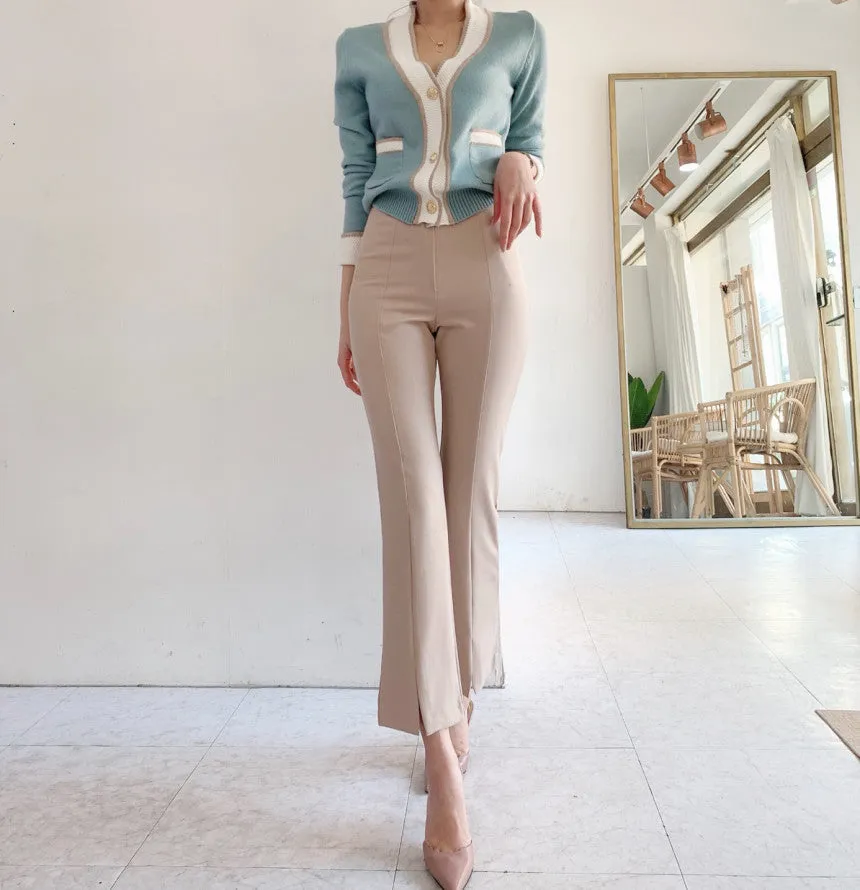 Single-breasted Contrast Knit Splicing Golden Button Sweaters