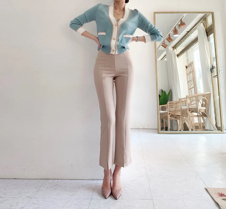 Single-breasted Contrast Knit Splicing Golden Button Sweaters