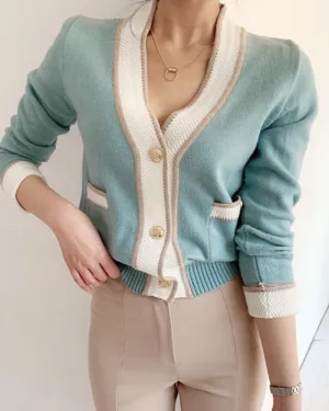 Single-breasted Contrast Knit Splicing Golden Button Sweaters