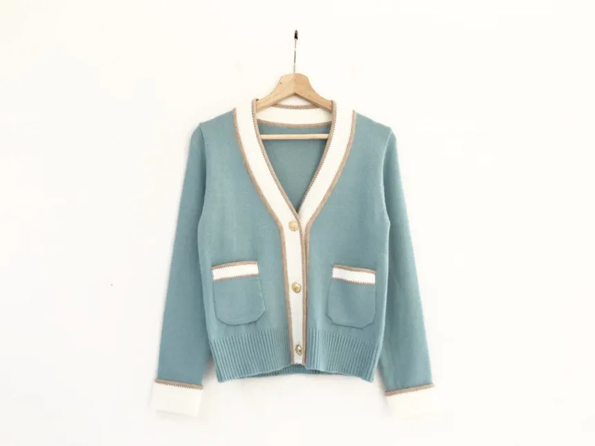 Single-breasted Contrast Knit Splicing Golden Button Sweaters