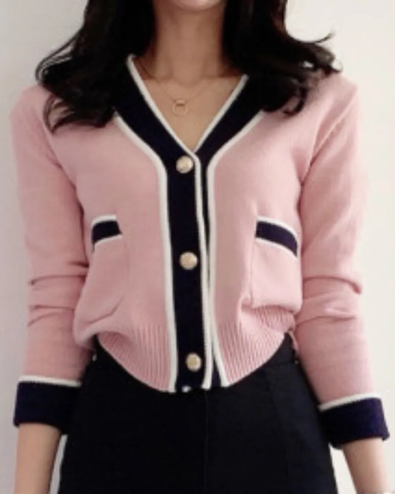 Single-breasted Contrast Knit Splicing Golden Button Sweaters