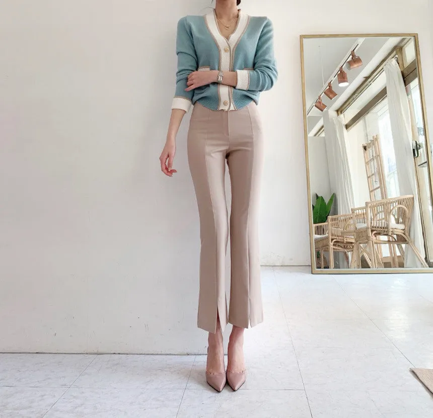 Single-breasted Contrast Knit Splicing Golden Button Sweaters
